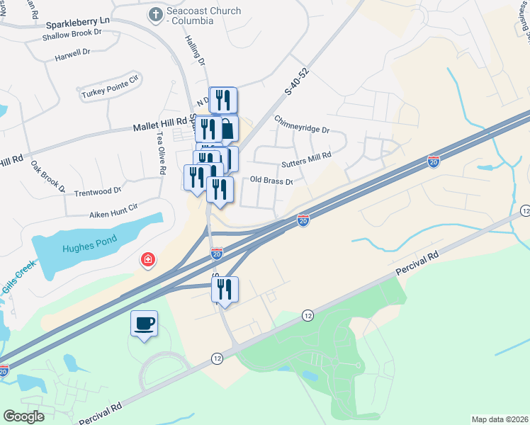 map of restaurants, bars, coffee shops, grocery stores, and more near 105 Old Brass Drive in Columbia