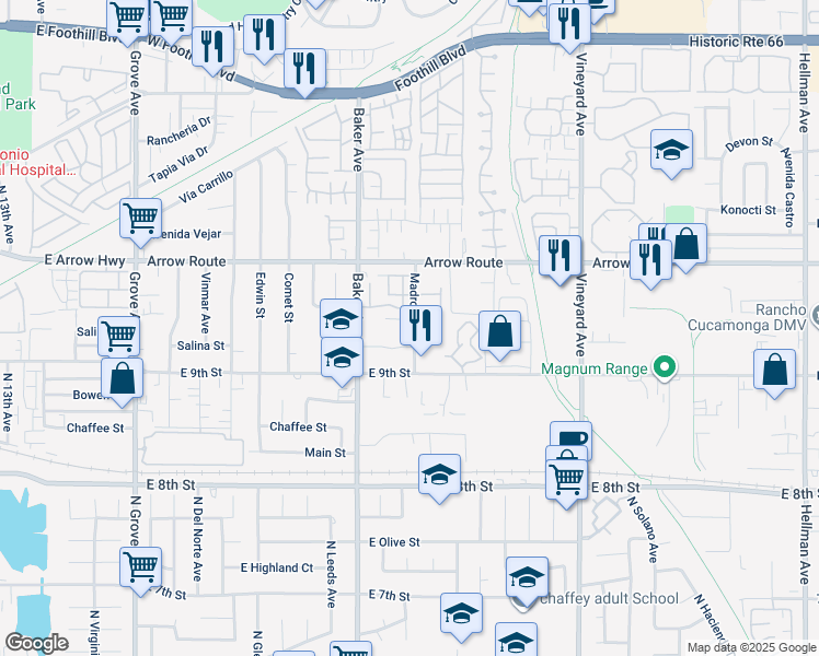 map of restaurants, bars, coffee shops, grocery stores, and more near 8618 Madrone Avenue in Rancho Cucamonga