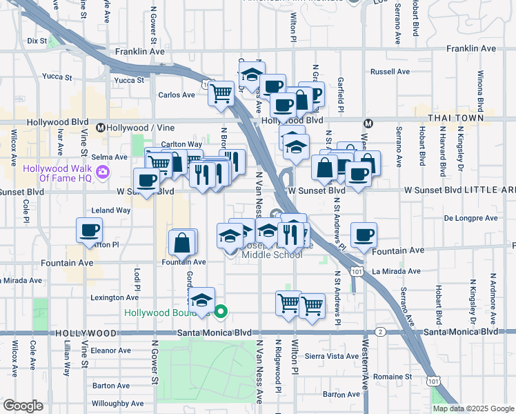 map of restaurants, bars, coffee shops, grocery stores, and more near 5800 Sunset Boulevard in Los Angeles