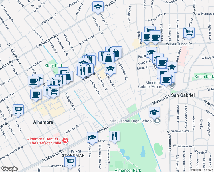 map of restaurants, bars, coffee shops, grocery stores, and more near 207 South Cordova Street in Alhambra