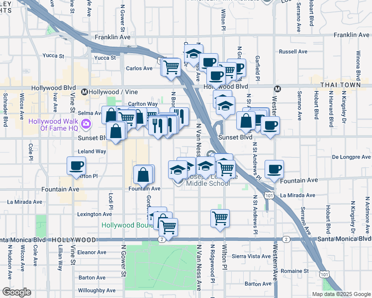 map of restaurants, bars, coffee shops, grocery stores, and more near 5800 Sunset Boulevard in Los Angeles