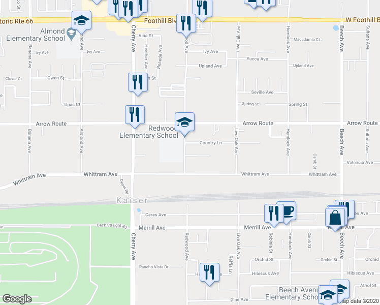 map of restaurants, bars, coffee shops, grocery stores, and more near 14718 Valencia Avenue in Fontana