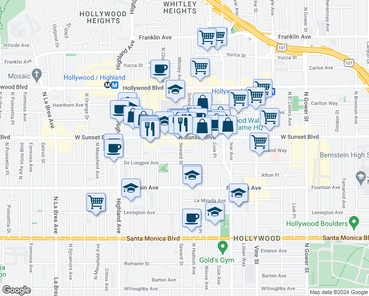 map of restaurants, bars, coffee shops, grocery stores, and more near 6537 Leland Way in Los Angeles