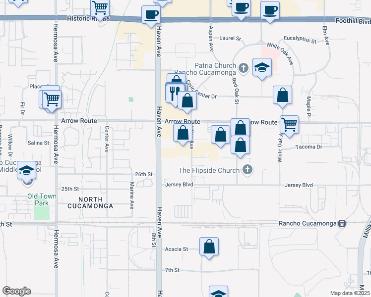 map of restaurants, bars, coffee shops, grocery stores, and more near 8608 Utica Avenue in Rancho Cucamonga