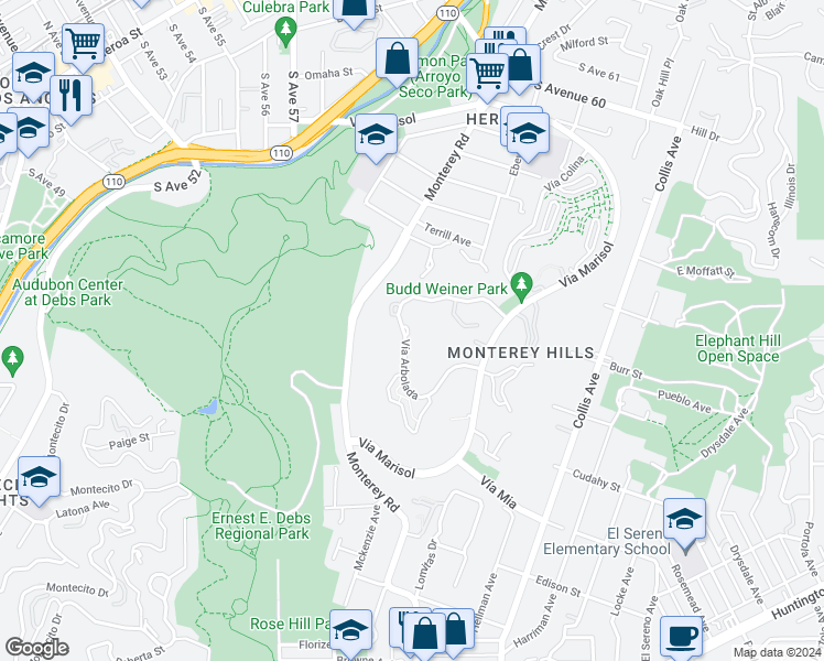 map of restaurants, bars, coffee shops, grocery stores, and more near 4271 Vía Arbolada in Los Angeles