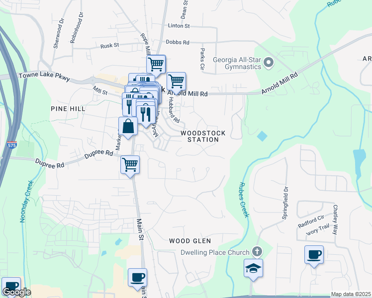 map of restaurants, bars, coffee shops, grocery stores, and more near 171 Hubbard Road in Woodstock