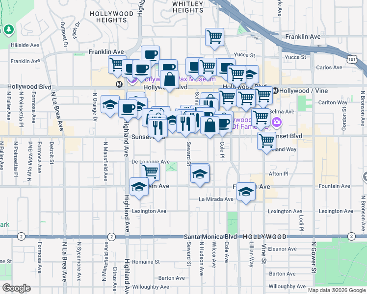 map of restaurants, bars, coffee shops, grocery stores, and more near 6611 Leland Way in Los Angeles