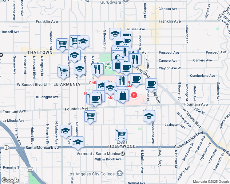 map of restaurants, bars, coffee shops, grocery stores, and more near 1419 North New Hampshire Avenue in Los Angeles