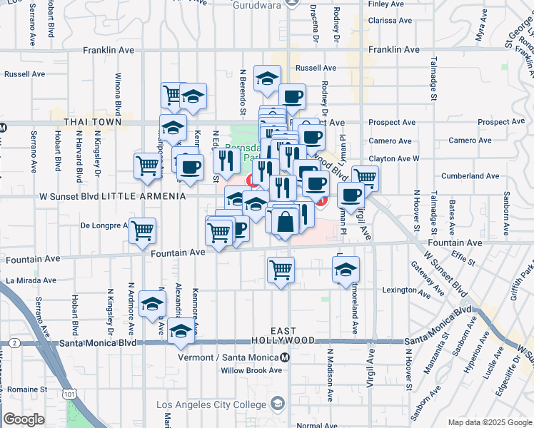 map of restaurants, bars, coffee shops, grocery stores, and more near 1419 North New Hampshire Avenue in Los Angeles