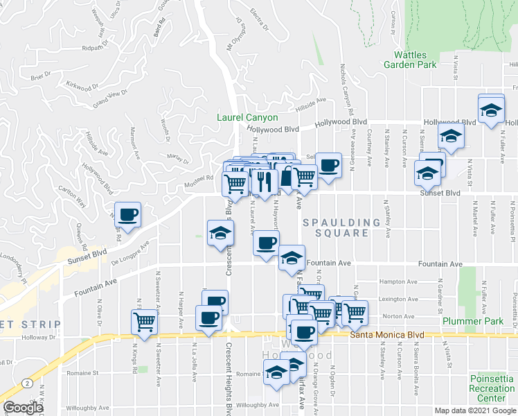 map of restaurants, bars, coffee shops, grocery stores, and more near 1448 Laurel Avenue in Los Angeles