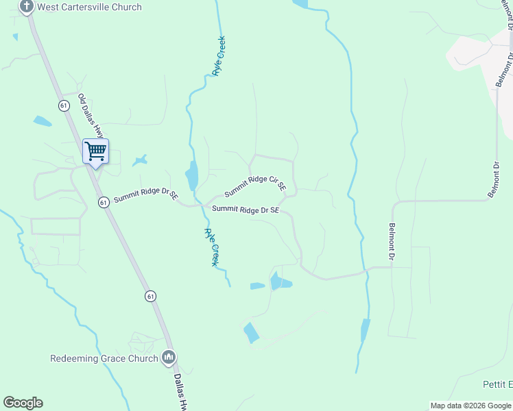 map of restaurants, bars, coffee shops, grocery stores, and more near 30 Summit Ridge Circle Southeast in Cartersville