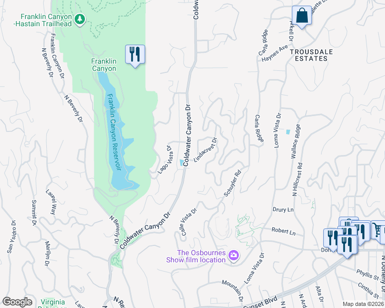 map of restaurants, bars, coffee shops, grocery stores, and more near 1226 Coldwater Canyon Drive in Beverly Hills