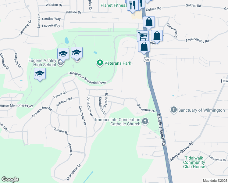 map of restaurants, bars, coffee shops, grocery stores, and more near 709 Burroughs Drive in Wilmington