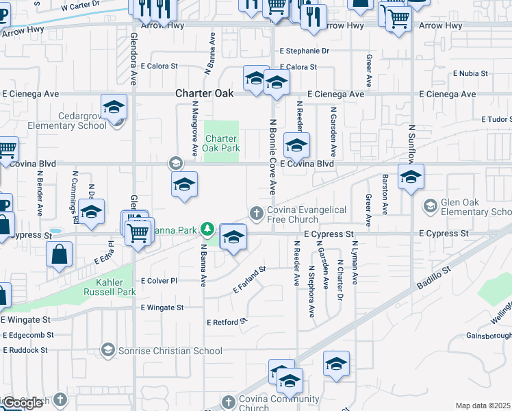 map of restaurants, bars, coffee shops, grocery stores, and more near 1645 East Brookport Street in Covina