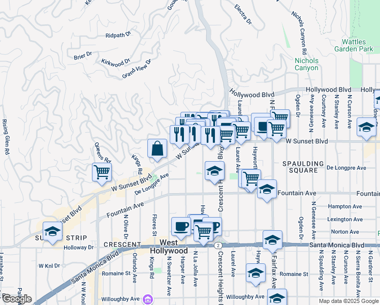 map of restaurants, bars, coffee shops, grocery stores, and more near 8161 Sunset Boulevard in Los Angeles