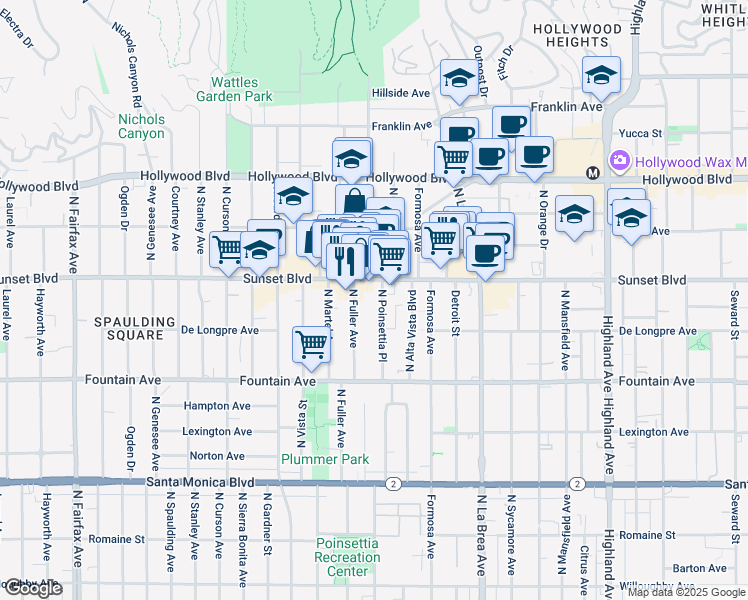 map of restaurants, bars, coffee shops, grocery stores, and more near 1439 North Poinsettia Place in Los Angeles