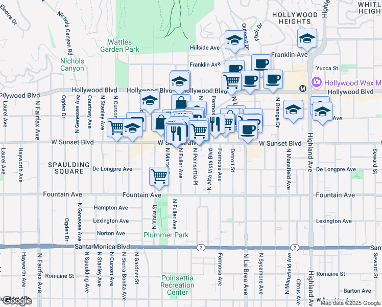 map of restaurants, bars, coffee shops, grocery stores, and more near 1439 North Poinsettia Place in Los Angeles