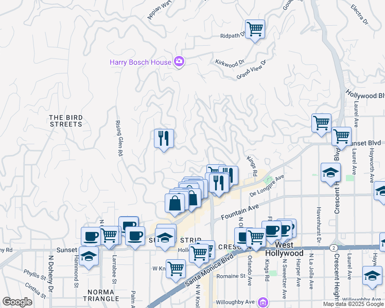 map of restaurants, bars, coffee shops, grocery stores, and more near 8686 Franklin Avenue in Los Angeles