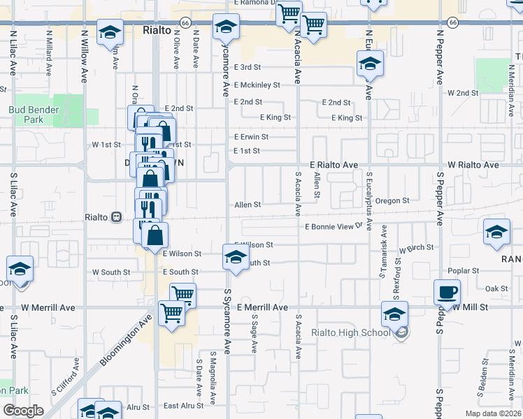 map of restaurants, bars, coffee shops, grocery stores, and more near 361 Allen Street in Rialto