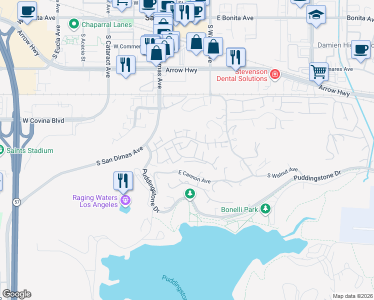 map of restaurants, bars, coffee shops, grocery stores, and more near 735 Knollwood Lane in San Dimas