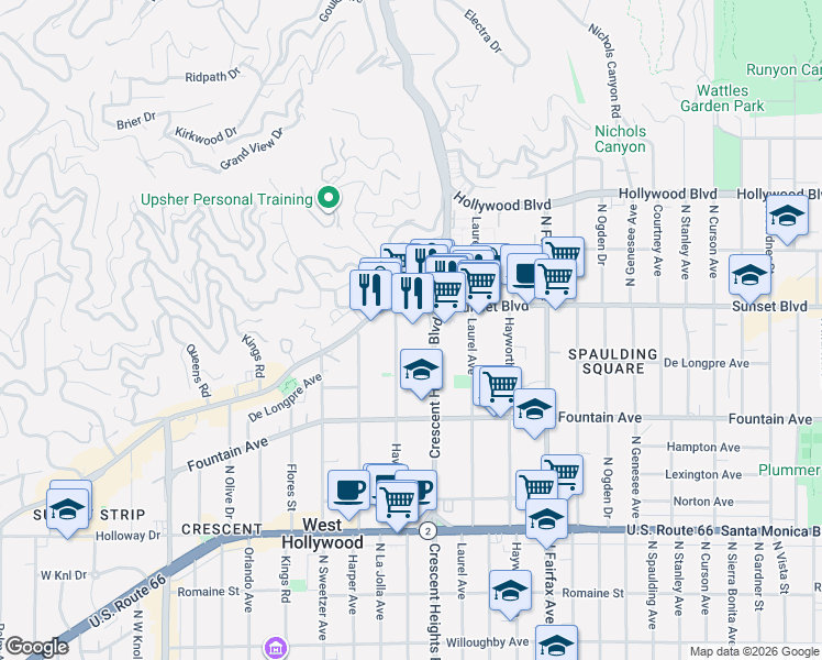 map of restaurants, bars, coffee shops, grocery stores, and more near 8154 Sunset Boulevard in Los Angeles