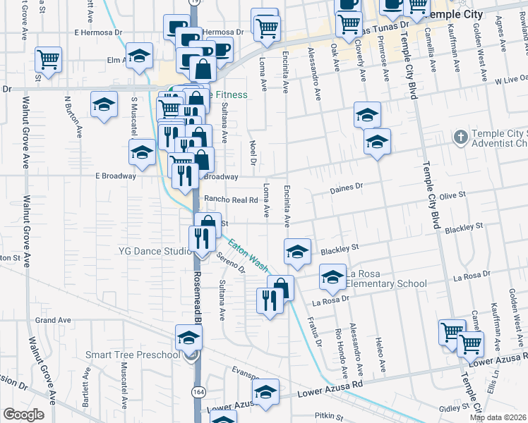 map of restaurants, bars, coffee shops, grocery stores, and more near 5421 Loma Avenue in Temple City