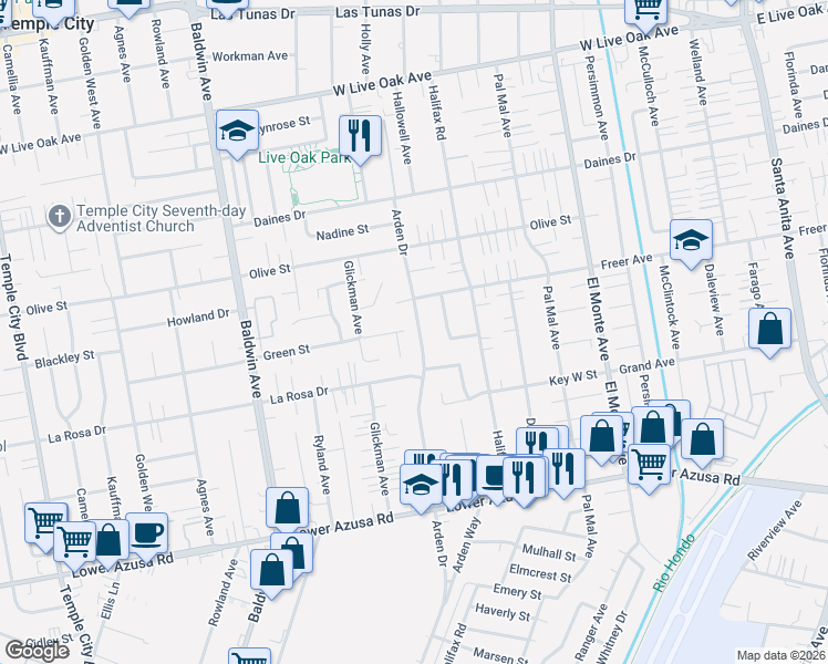 map of restaurants, bars, coffee shops, grocery stores, and more near 5155 Arden Drive in Temple City