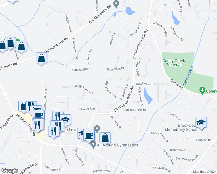 map of restaurants, bars, coffee shops, grocery stores, and more near 410 White Rose Trce in Alpharetta