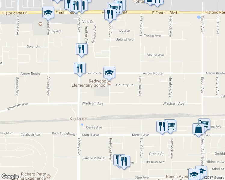 map of restaurants, bars, coffee shops, grocery stores, and more near 14718 Valencia Avenue in Fontana