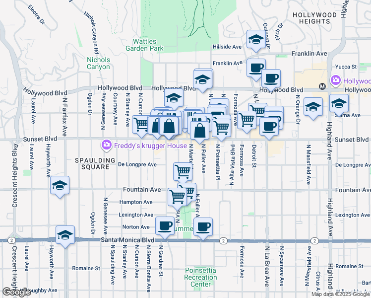 map of restaurants, bars, coffee shops, grocery stores, and more near 834 2/5 North Martel Avenue in Los Angeles