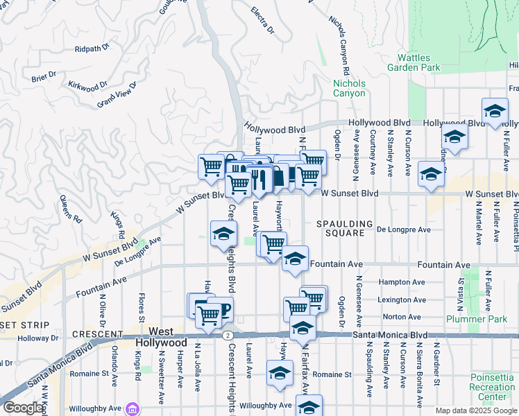 map of restaurants, bars, coffee shops, grocery stores, and more near 1448 Laurel Avenue in Los Angeles