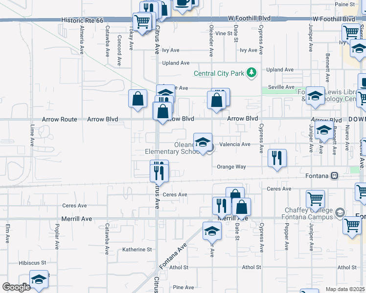 map of restaurants, bars, coffee shops, grocery stores, and more near 8555 Citrus Avenue in Fontana