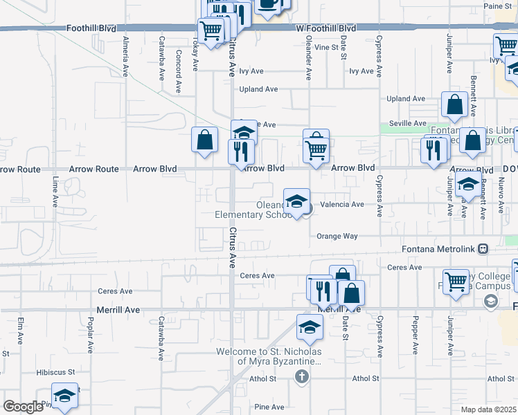 map of restaurants, bars, coffee shops, grocery stores, and more near 8555 Citrus Avenue in Fontana