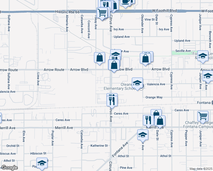 map of restaurants, bars, coffee shops, grocery stores, and more near 8550 Citrus Avenue in Fontana