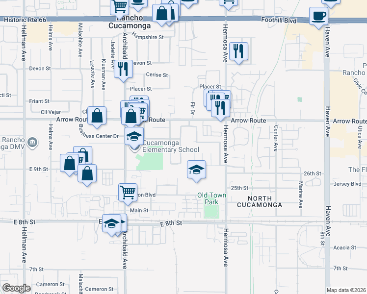 map of restaurants, bars, coffee shops, grocery stores, and more near 8571 Willow Drive in Rancho Cucamonga