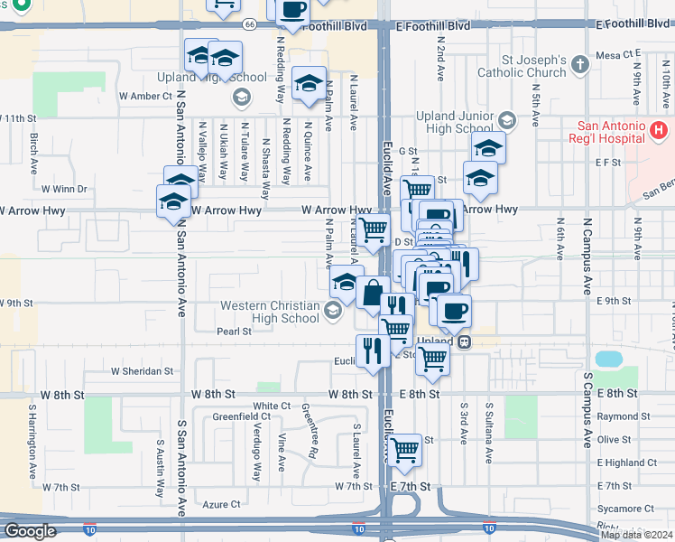 map of restaurants, bars, coffee shops, grocery stores, and more near 227 West Vernon Drive in Upland