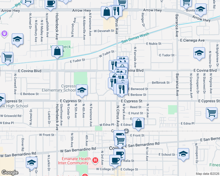 map of restaurants, bars, coffee shops, grocery stores, and more near 1028 Chandler Drive in Covina