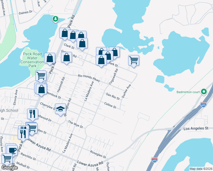 map of restaurants, bars, coffee shops, grocery stores, and more near 11953 Rio Hondo Parkway in El Monte