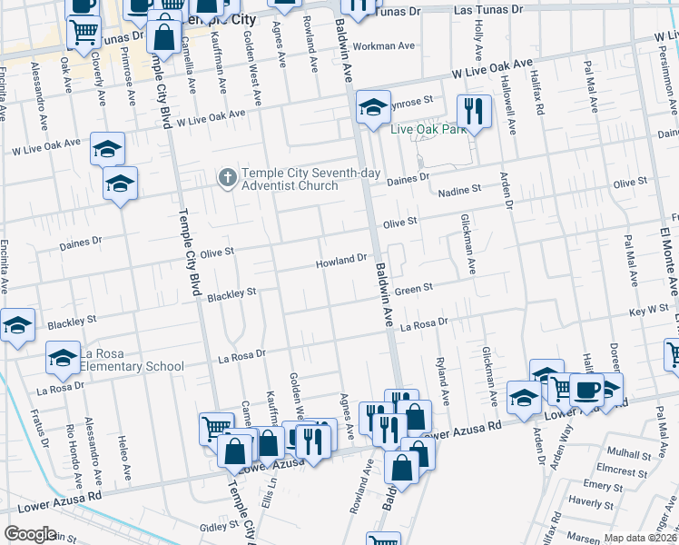 map of restaurants, bars, coffee shops, grocery stores, and more near 9941 Howland Drive in Temple City