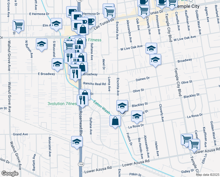 map of restaurants, bars, coffee shops, grocery stores, and more near 9135 Rancho Real Road in Temple City