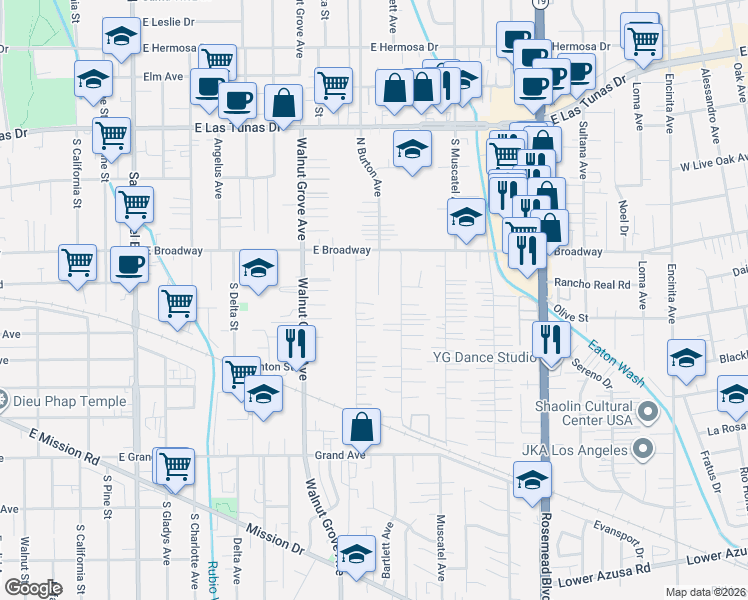 map of restaurants, bars, coffee shops, grocery stores, and more near 5419 Bartlett Avenue in San Gabriel