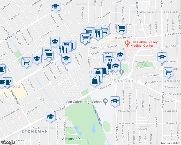 map of restaurants, bars, coffee shops, grocery stores, and more near 301 South Arroyo Drive in San Gabriel