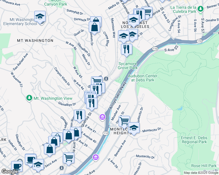 map of restaurants, bars, coffee shops, grocery stores, and more near 4579 North Figueroa Street in Los Angeles