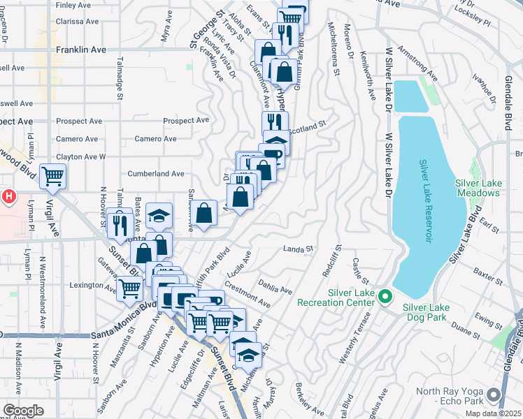 map of restaurants, bars, coffee shops, grocery stores, and more near 1937 Hyperion Avenue in Los Angeles