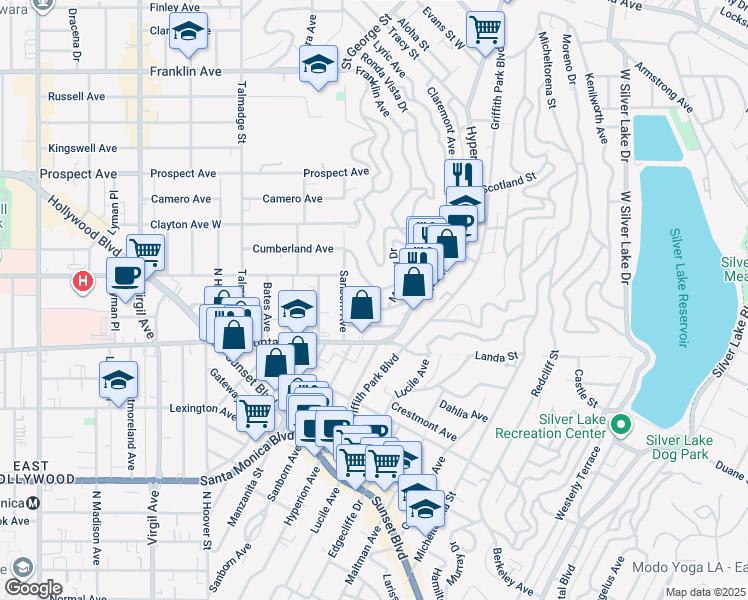 map of restaurants, bars, coffee shops, grocery stores, and more near 3926 Cumberland Avenue in Los Angeles