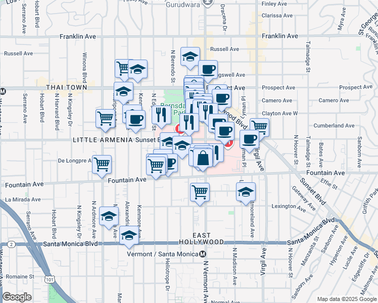 map of restaurants, bars, coffee shops, grocery stores, and more near 4760 Sunset Boulevard in Los Angeles