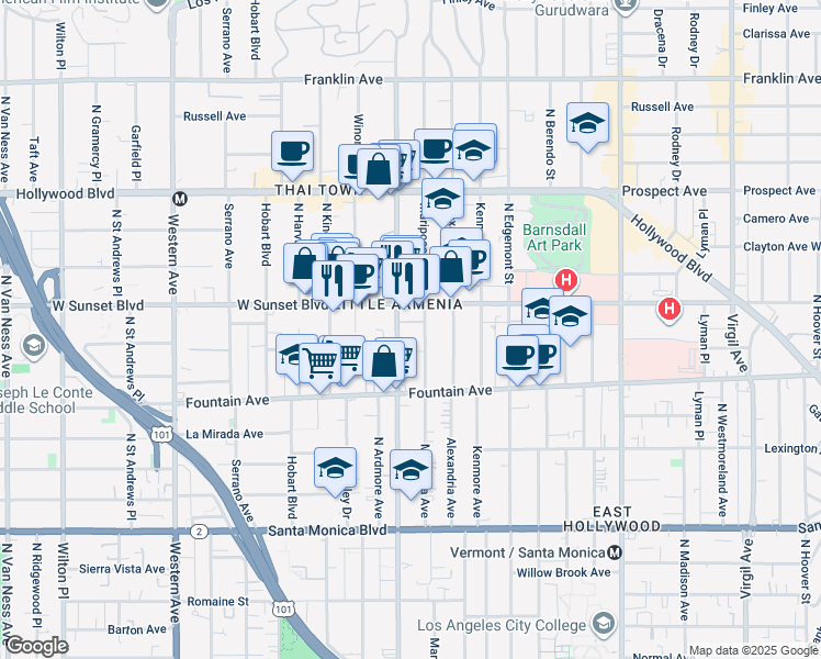 map of restaurants, bars, coffee shops, grocery stores, and more near in Los Angeles