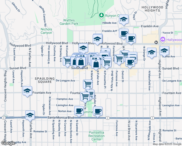 map of restaurants, bars, coffee shops, grocery stores, and more near 7405 Sunset Boulevard in Los Angeles