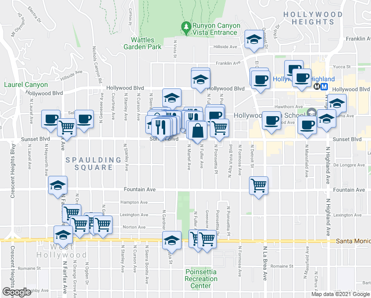 map of restaurants, bars, coffee shops, grocery stores, and more near 7405 Sunset Boulevard in Los Angeles