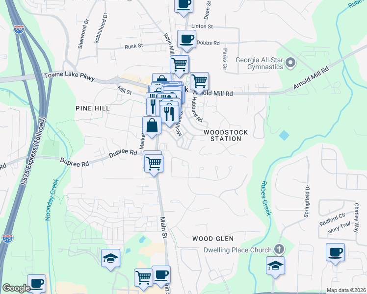 map of restaurants, bars, coffee shops, grocery stores, and more near 189 Hubbard Road in Woodstock